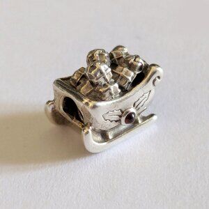 Retired Pandora Santa's Sleigh Charm 925 Silver with Garnet Stone